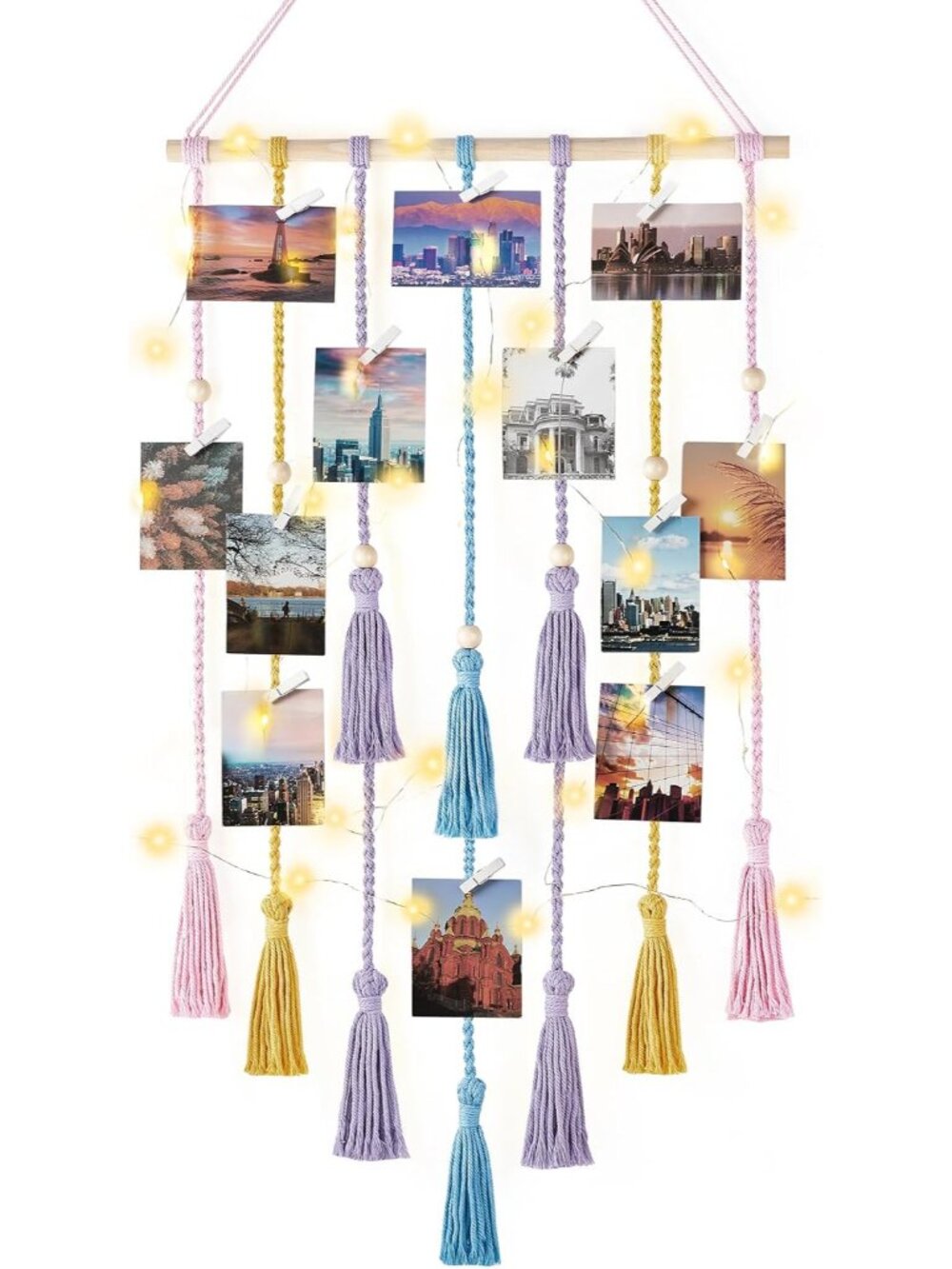 Hanging Photo Display, Boho Decor with String Light and 30 Wood Clips